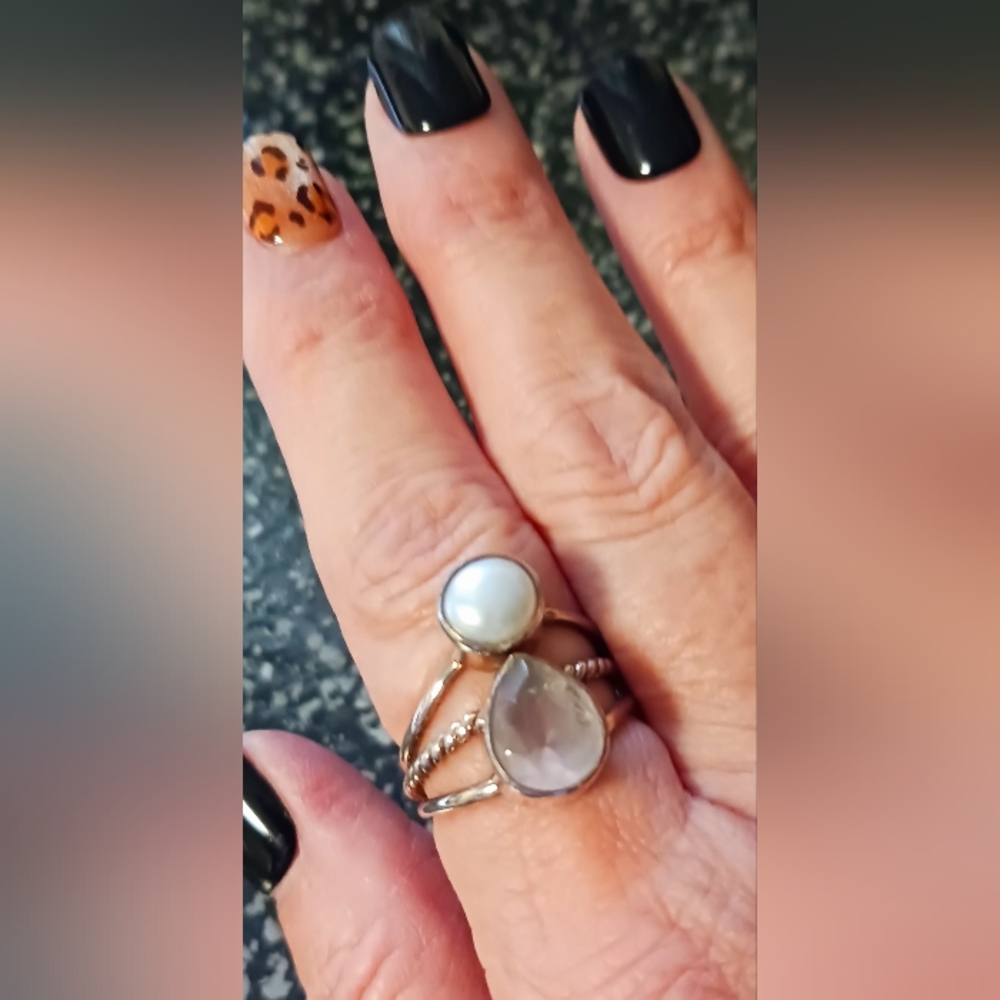 Pink Quartz & Pearl Solid 925 Sterling Ring, Size 8.5, NWT